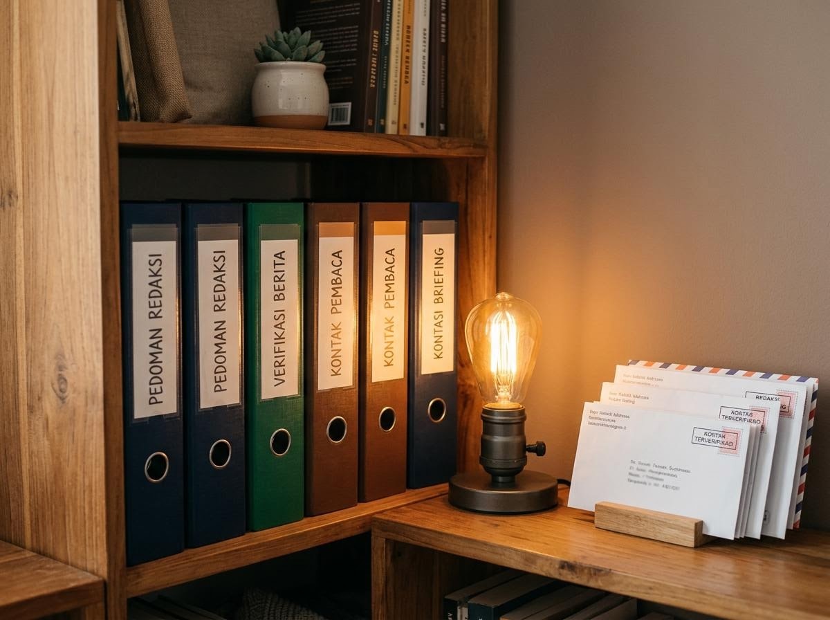 Rak buku dengan binder berlabel dan cahaya hangat, menggambarkan kerja tim redaksi yang menata catatan briefing secara cermat.